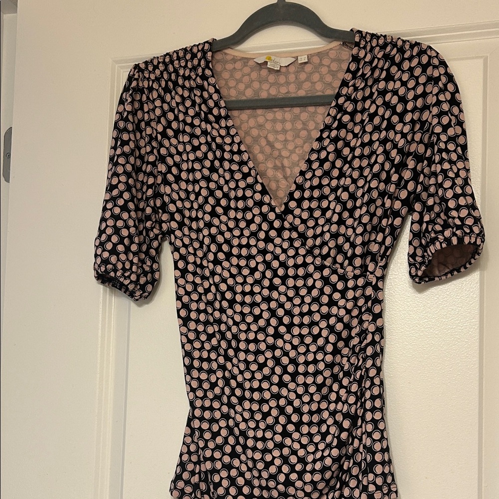 Boden Black and Pink Polka Dot V-Neck Blouse